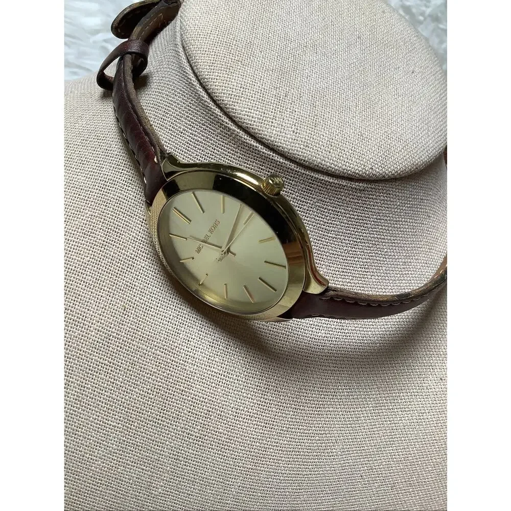 Michael Kors Women's Slim Runway Gold Dial Leather Band Double-Wrap Watch F15-15